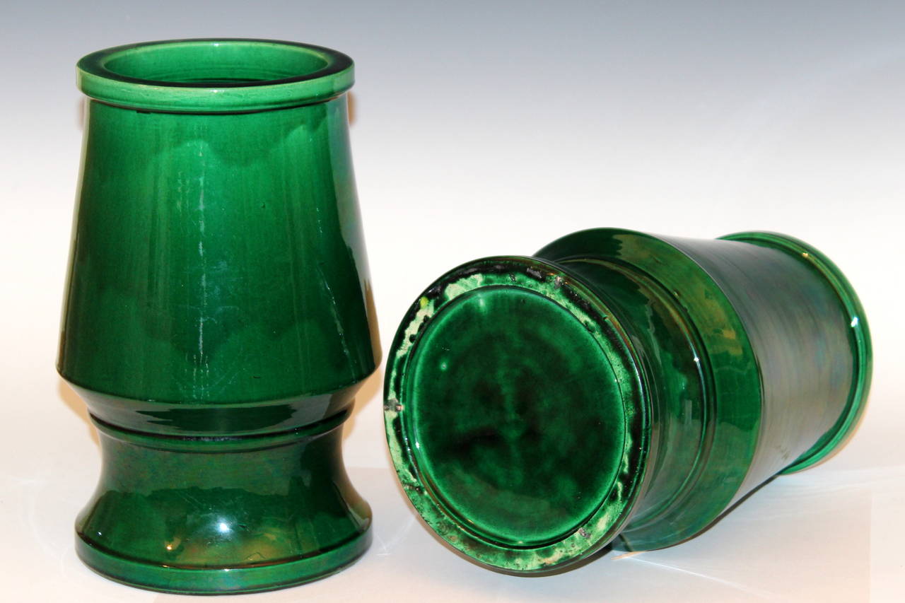 Large Pair of Awaji Pottery Tapered, Art Deco Green Vases In Excellent Condition In Wilton, CT