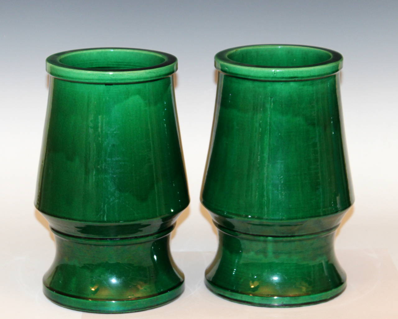 Large Pair of Awaji Pottery Tapered, Art Deco Green Vases 1