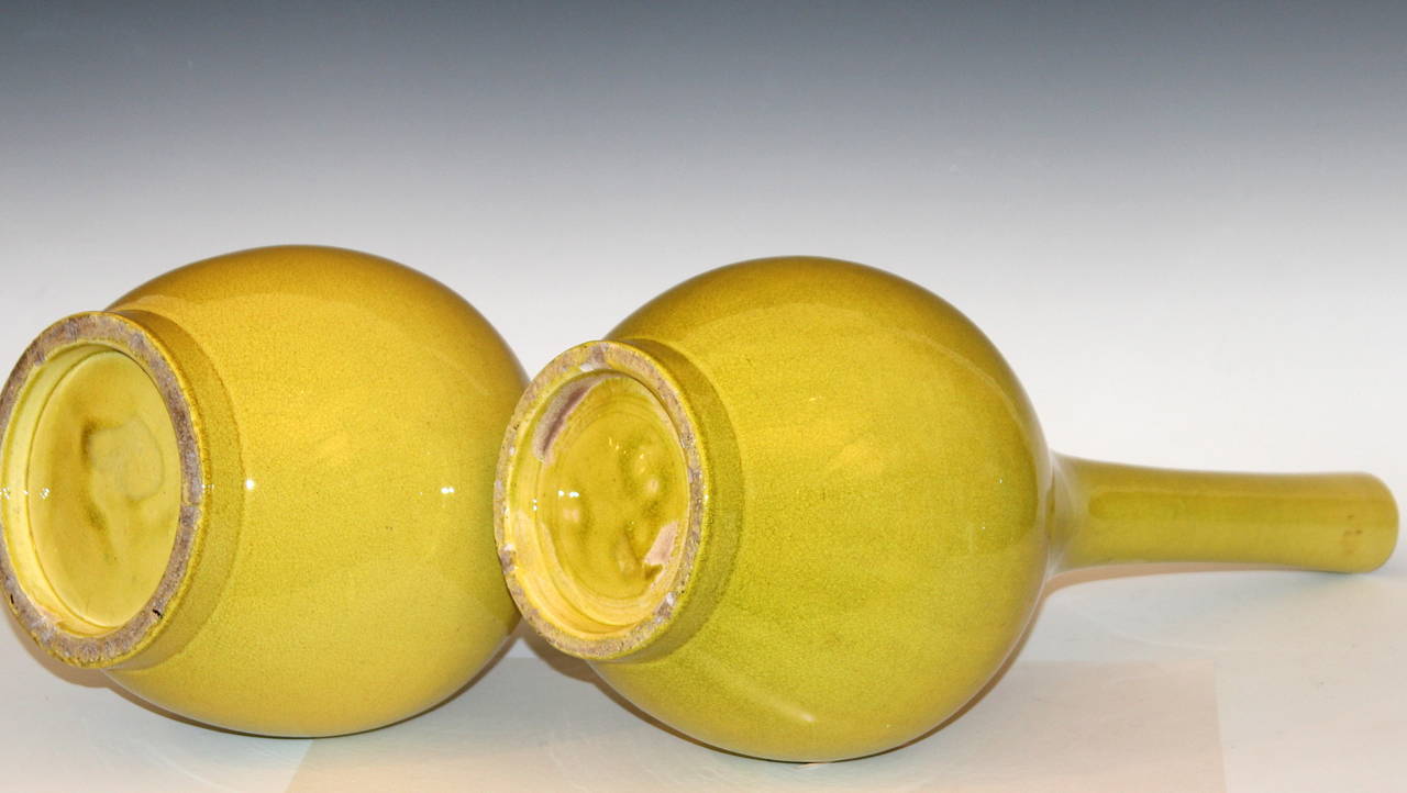 Japanese Large Pair of Antique Kyoto Pottery Bottle Vases in Acid Yellow Crackle Glaze