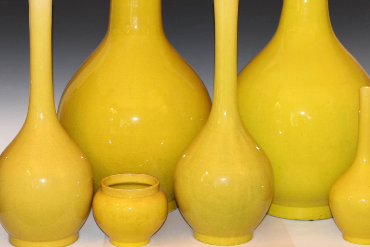 Turned Large Pair of Antique Kyoto Pottery Bottle Vases in Acid Yellow Crackle Glaze