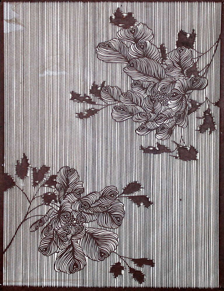 Antique Japanese katagami stencil for dyeing kimono fabric. Great design, beautifully rendered. Hand cut from mulberrry paper. Strengthened with cross weave of human hair (as seen in detail pics). Edo period, early 19th century. Overall 25 1/2