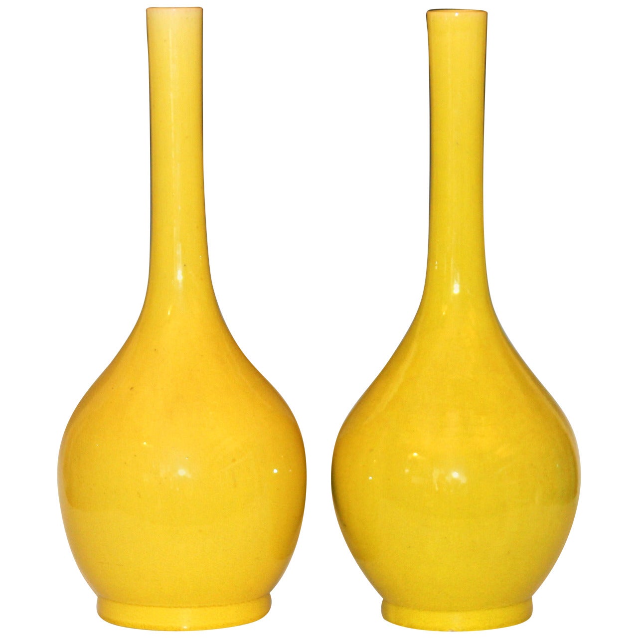 Large Pair of Antique Kyoto Pottery Bottle Vases in Acid Yellow Crackle Glaze