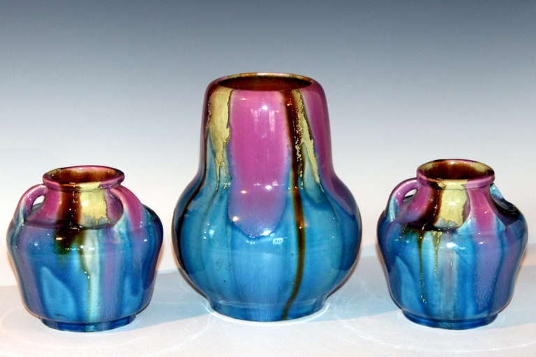 Mid-20th Century Awaji Art Deco Vase in Pink and Blue Flame Glaze