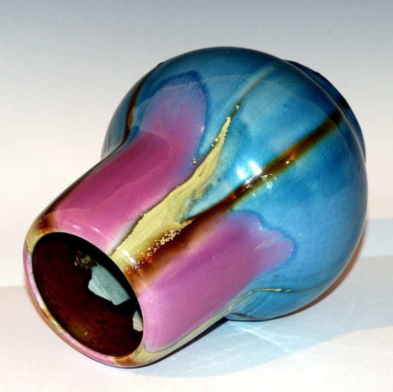 Japanese Awaji Art Deco Vase in Pink and Blue Flame Glaze