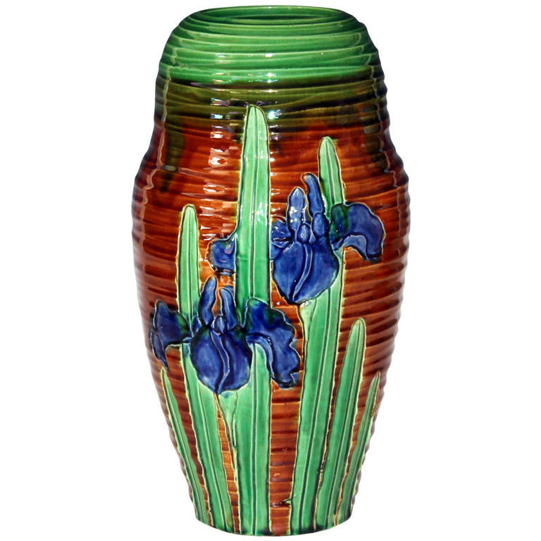 Awaji Pottery Art Nouveau Carved Iris Vase