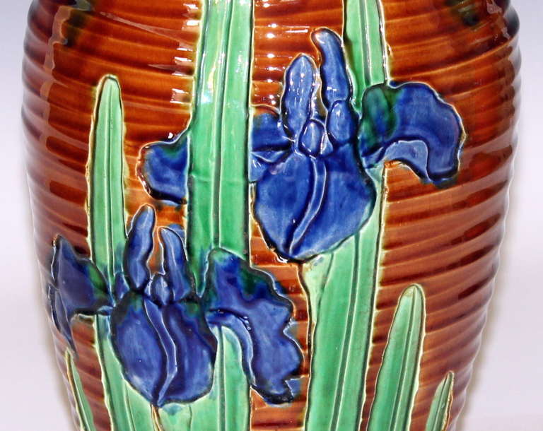 Awaji Pottery Art Nouveau Carved Iris Vase For Sale 2