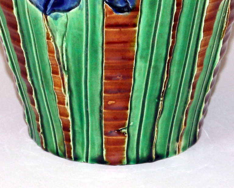 20th Century Awaji Pottery Art Nouveau Carved Iris Vase For Sale