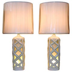 Large Pair of Retro Faux Bamboo Art Pottery Lantern Lamps