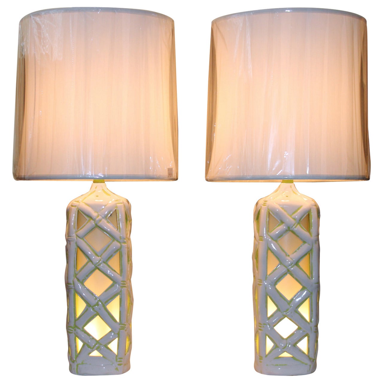 Large Pair of Vintage Faux Bamboo Art Pottery Lantern Lamps