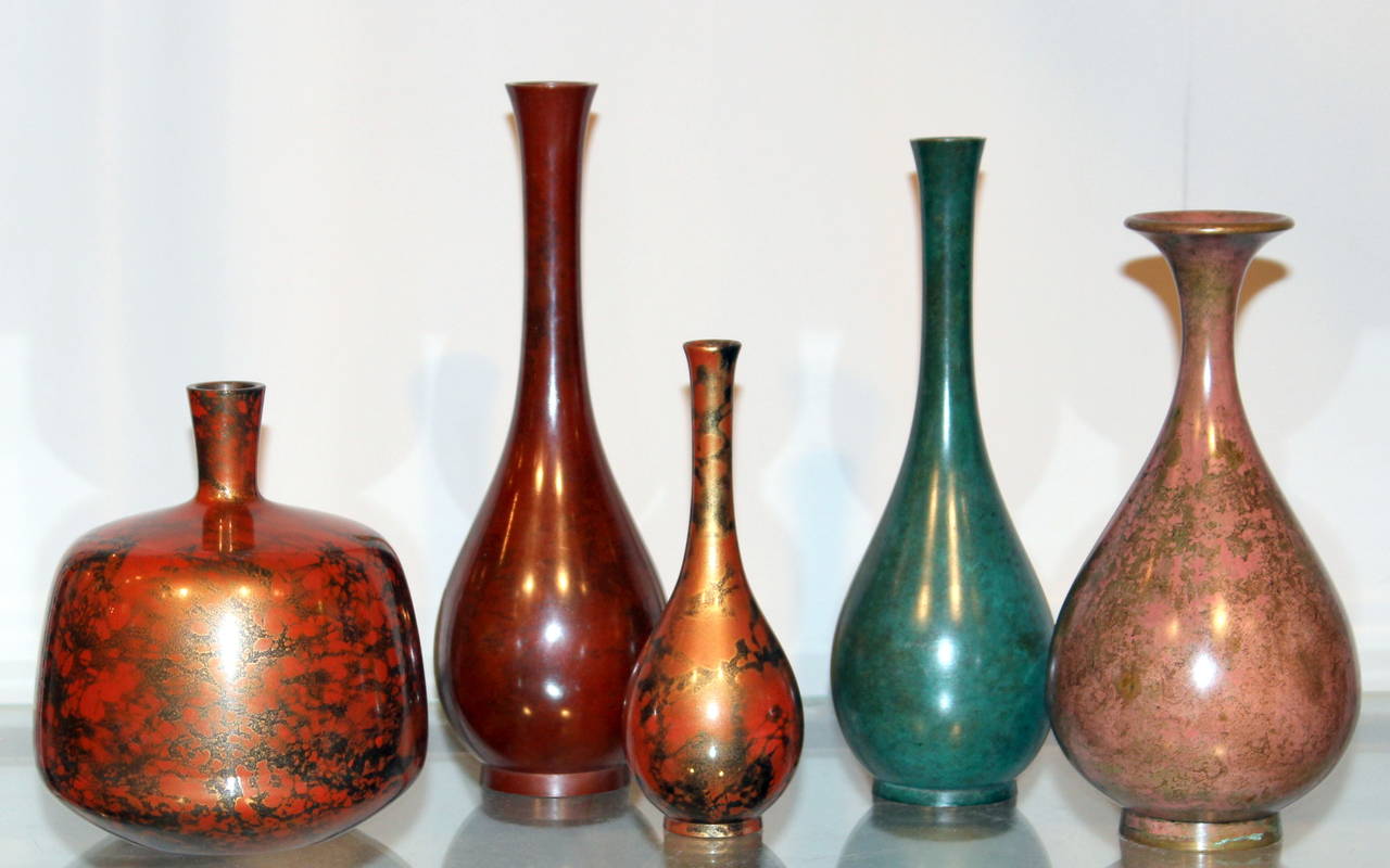 Collection of five Japanese bronze bottle vases with various colored patinas, circa mid/late 20th century. 6 to 10 inches high. Excellent condition.