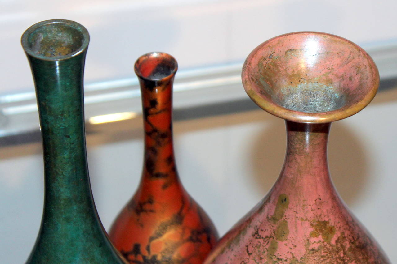 Collection of Vintage Japanese Color Patinated Bronze Bottle Vases In Excellent Condition In Wilton, CT
