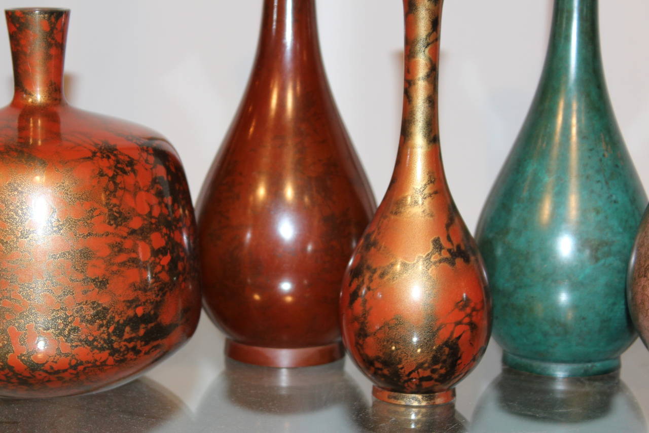 20th Century Collection of Vintage Japanese Color Patinated Bronze Bottle Vases