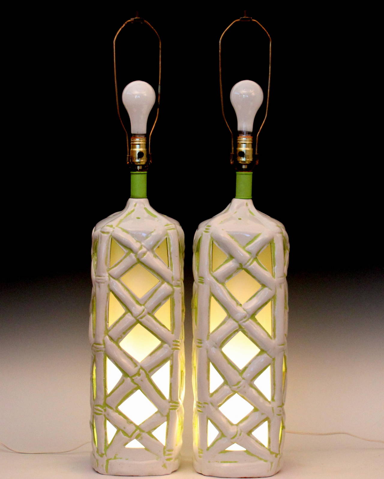 Hollywood Regency Large Pair of Vintage Faux Bamboo Art Pottery Lantern Lamps