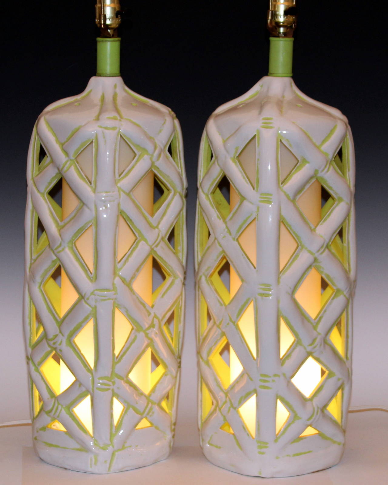 Carved Large Pair of Vintage Faux Bamboo Art Pottery Lantern Lamps