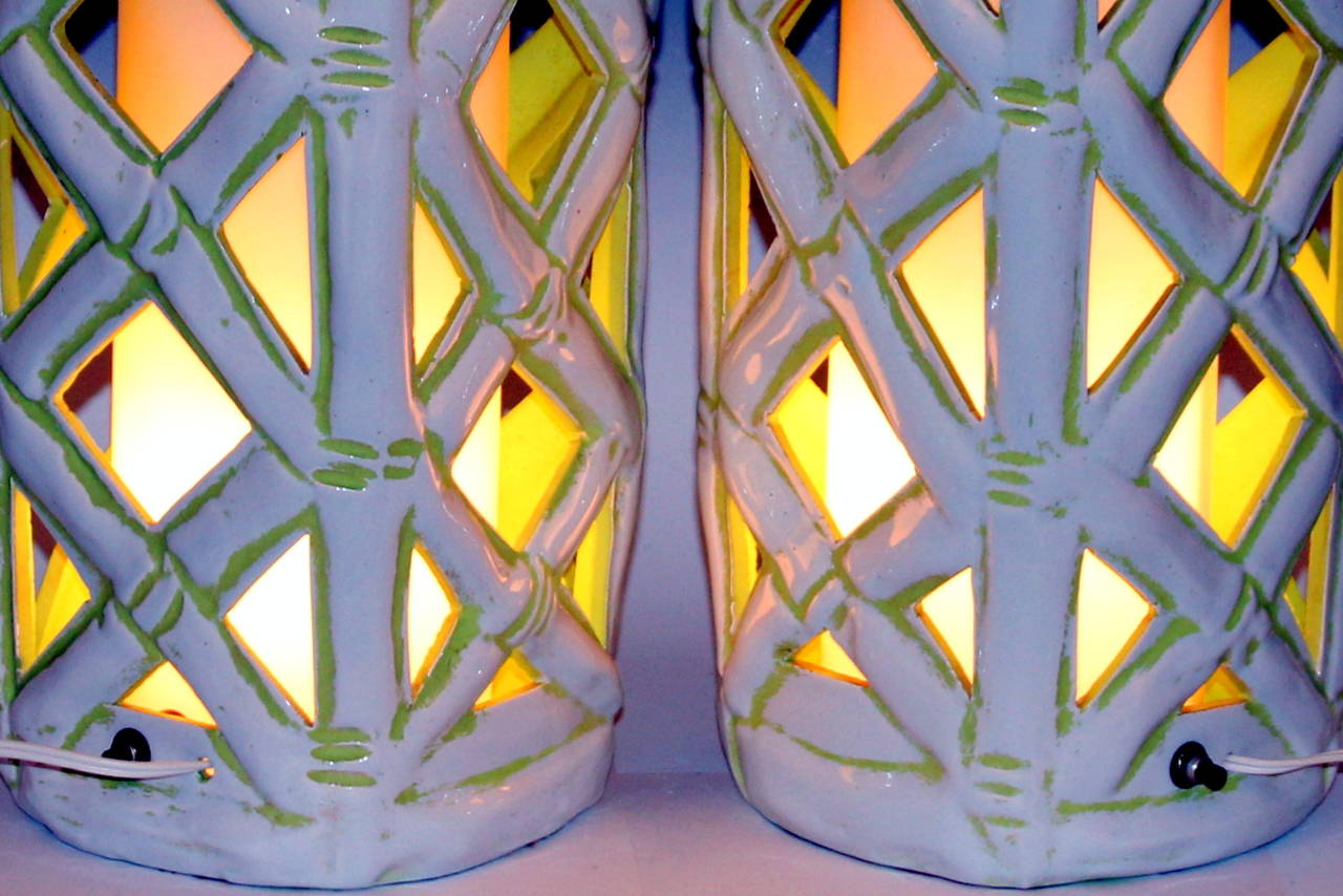 Mid-20th Century Large Pair of Vintage Faux Bamboo Art Pottery Lantern Lamps