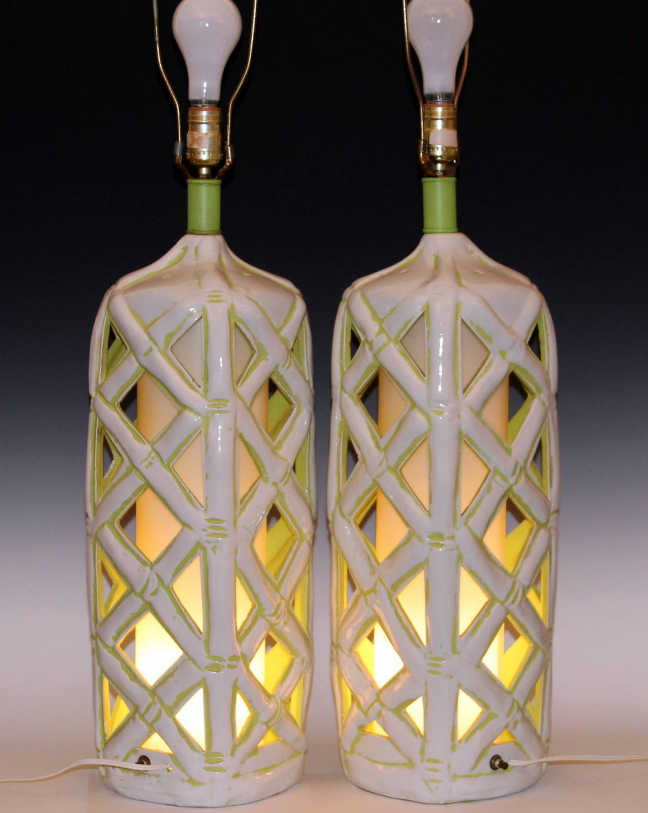 Large Pair of Vintage Faux Bamboo Art Pottery Lantern Lamps 1