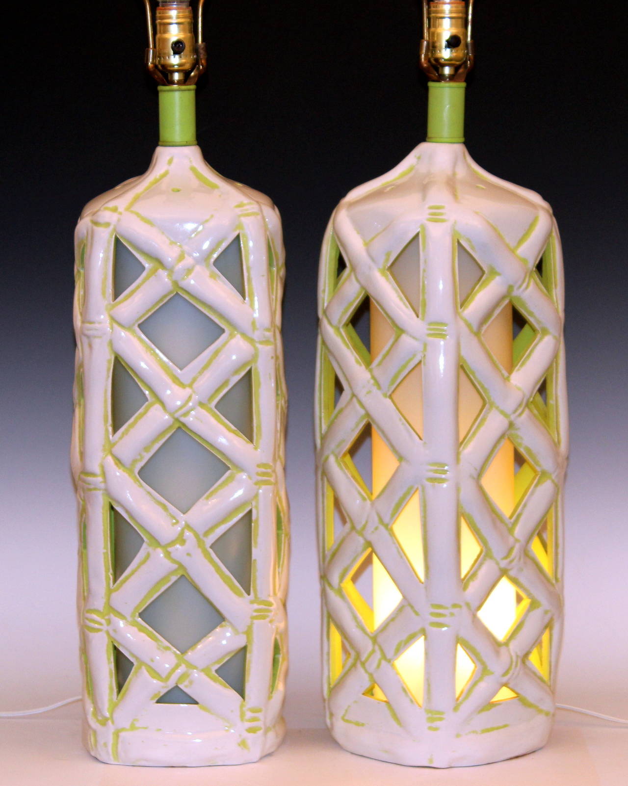 Italian Large Pair of Vintage Faux Bamboo Art Pottery Lantern Lamps