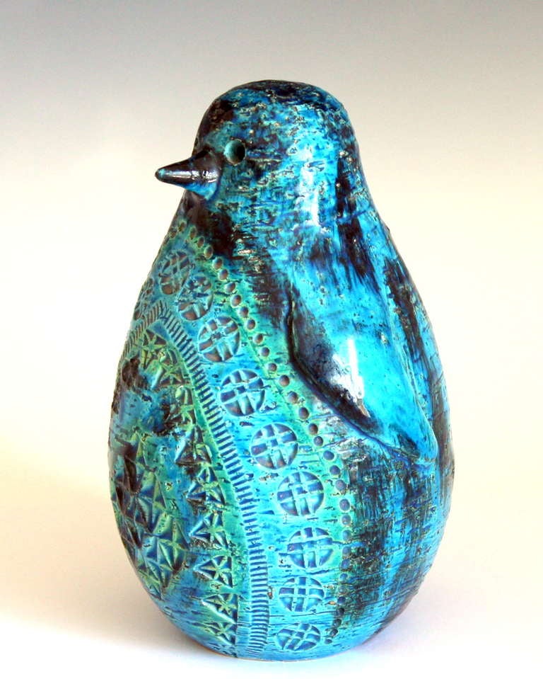 Vintage Italian art pottery penguin figure by Bitossi with impressed geometric decoration and blue and green glaze.