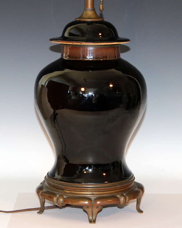 Antique Chinese Porcelain Mirror Black Baluster Vase Lamp In Excellent Condition In Wilton, CT