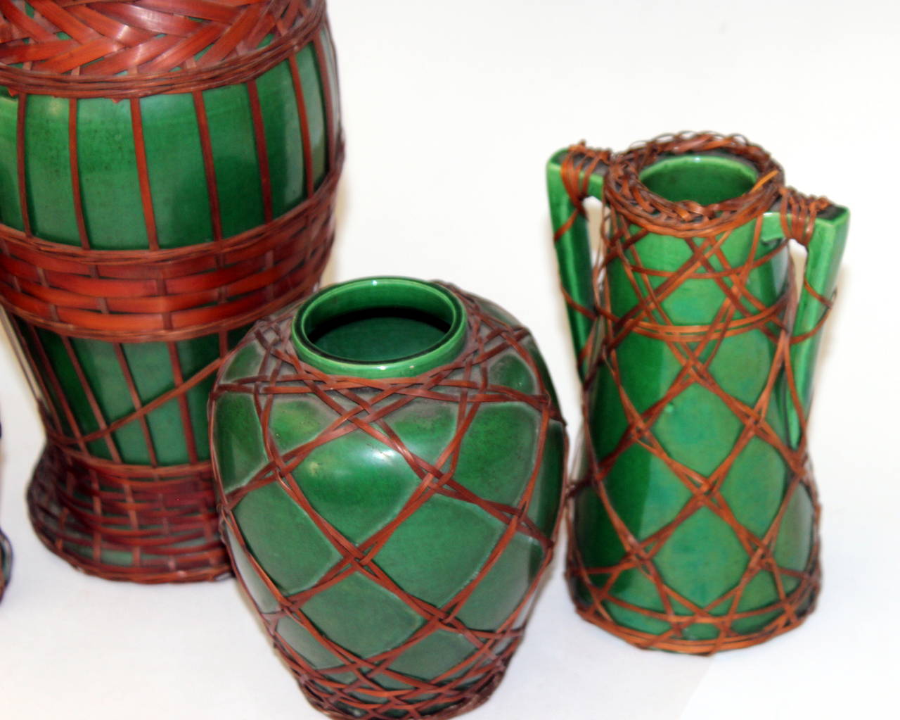 Arts and Crafts Green Arts & Crafts Awaji Pottery Vases with Bamboo Weaving