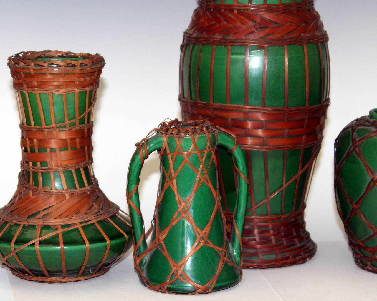 Japanese Green Arts & Crafts Awaji Pottery Vases with Bamboo Weaving