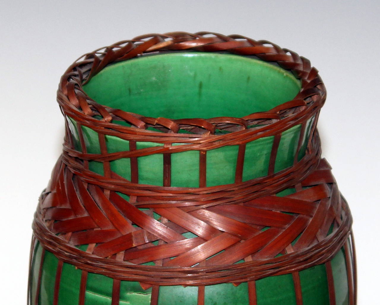 Turned Green Arts & Crafts Awaji Pottery Vases with Bamboo Weaving