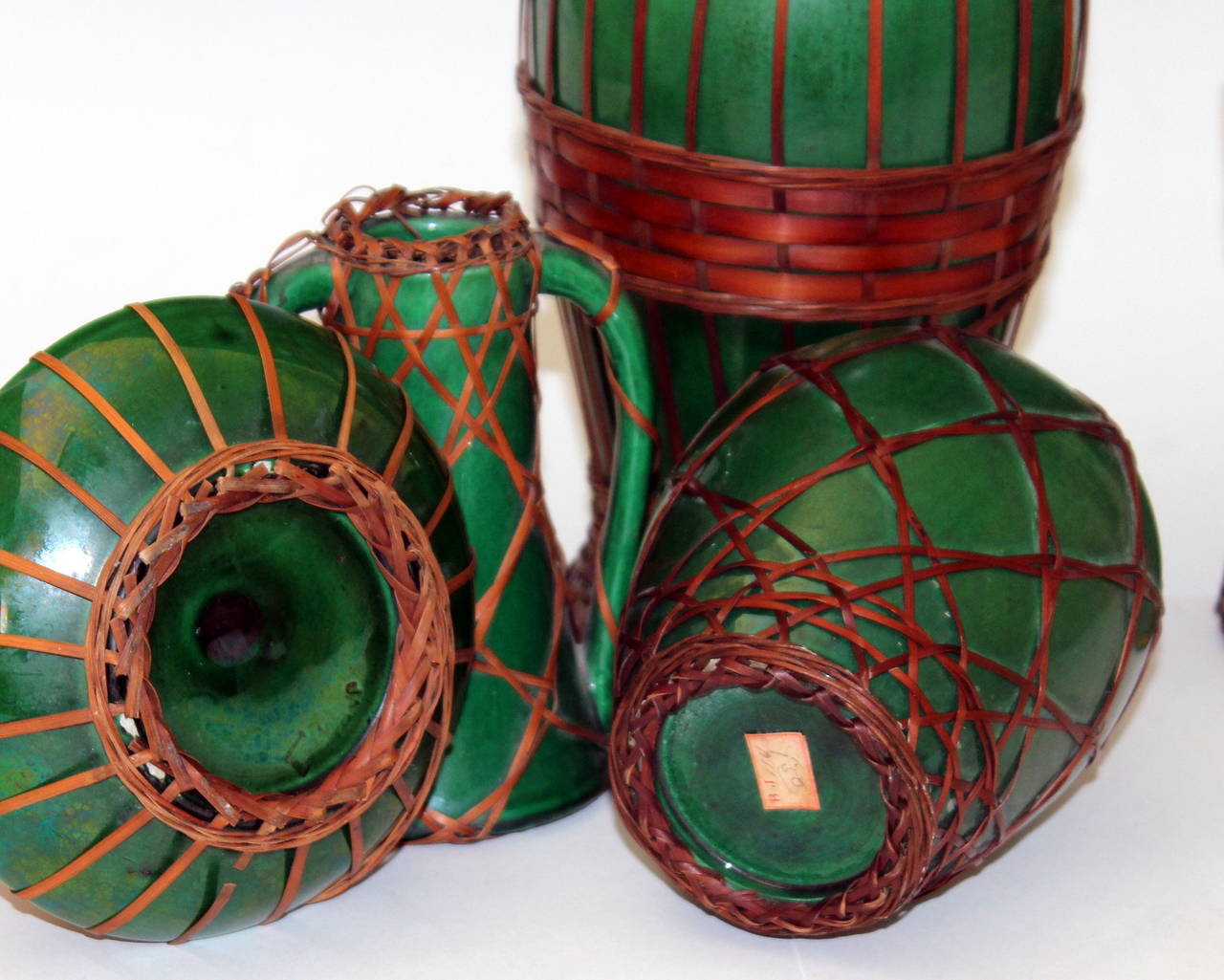 Green Arts & Crafts Awaji Pottery Vases with Bamboo Weaving In Excellent Condition In Wilton, CT