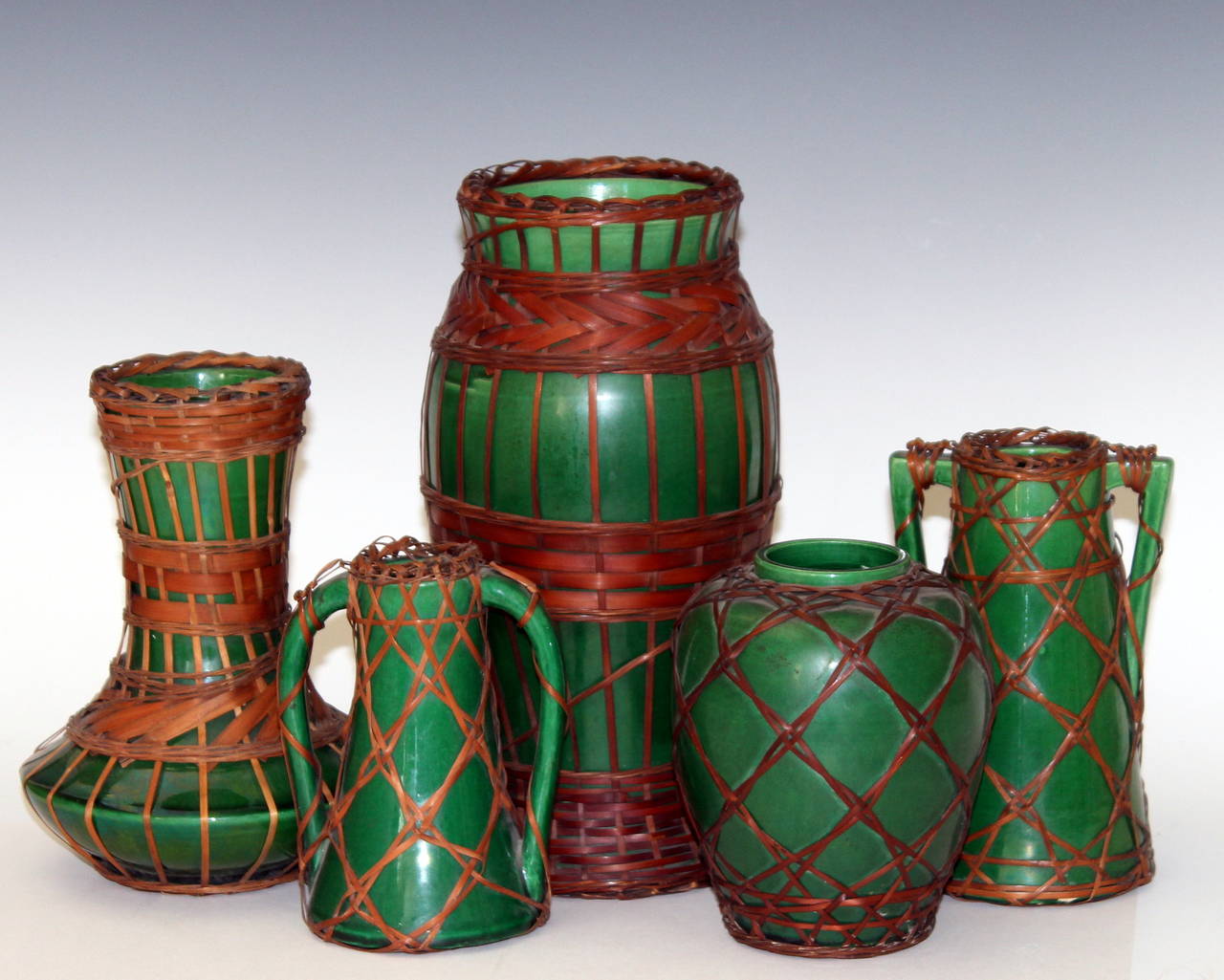 20th Century Green Arts & Crafts Awaji Pottery Vases with Bamboo Weaving