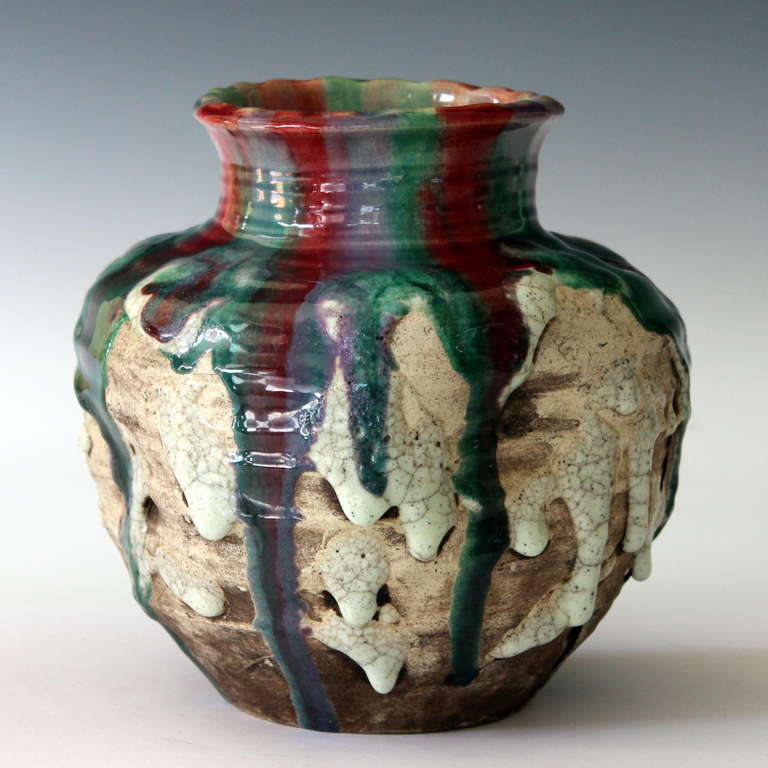 Awaji pottery vase gouged and pinched, with heavy glaze, circa 1930. 7 1/8