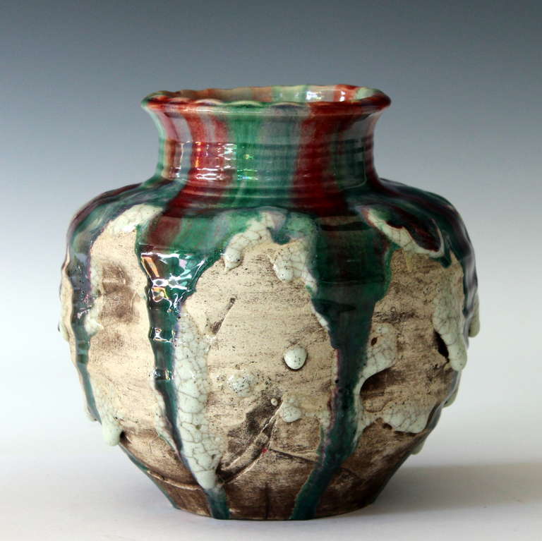 Modern Awaji Pottery Vase with Frothy Polychrome Drip Glaze