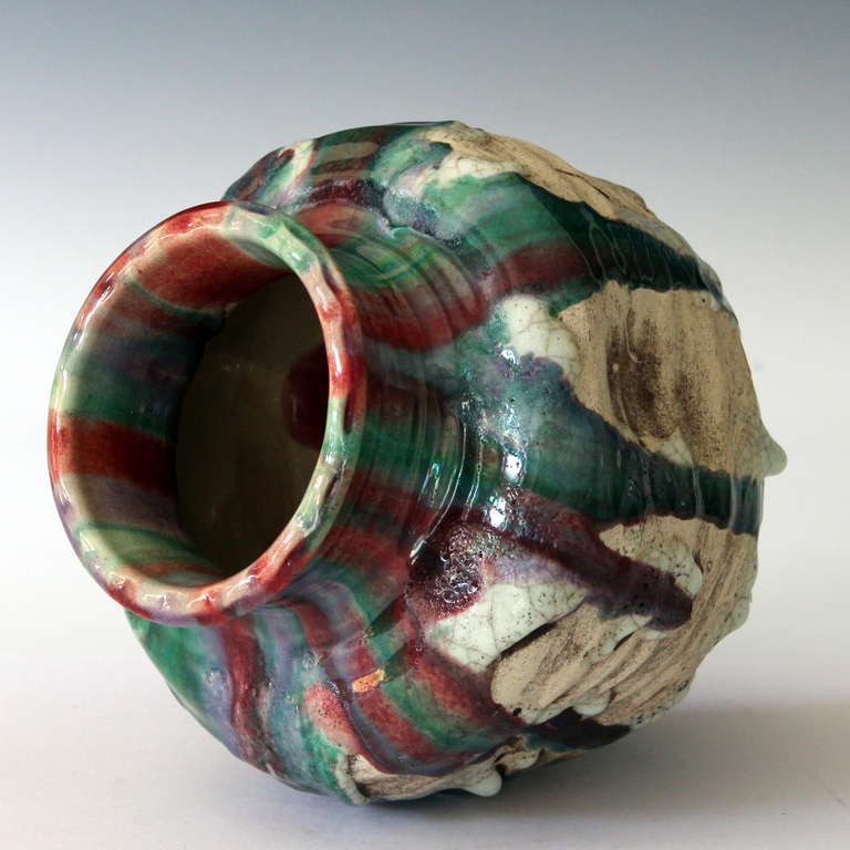 Japanese Awaji Pottery Vase with Frothy Polychrome Drip Glaze