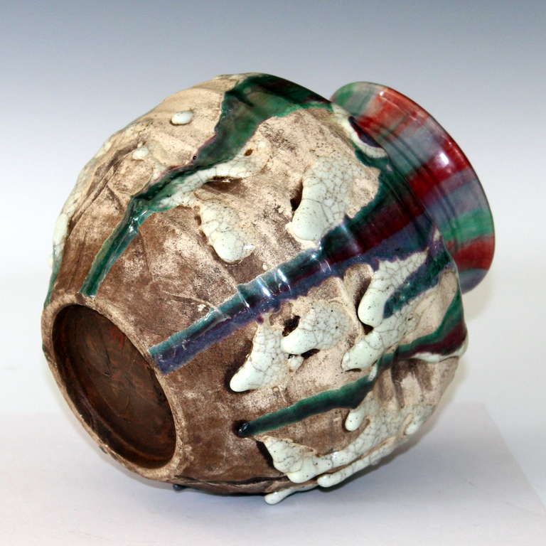 Awaji Pottery Vase with Frothy Polychrome Drip Glaze In Excellent Condition In Wilton, CT