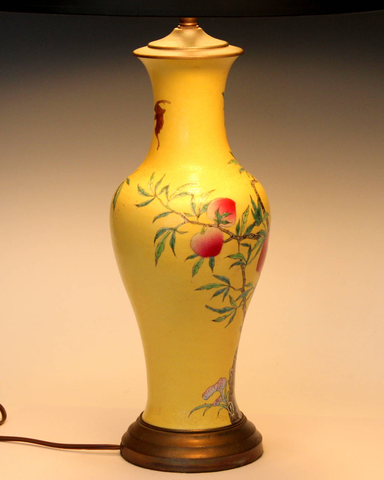 Qing Antique Chinese Porcelain Incised Yellow Ground Peach Vase Lamp