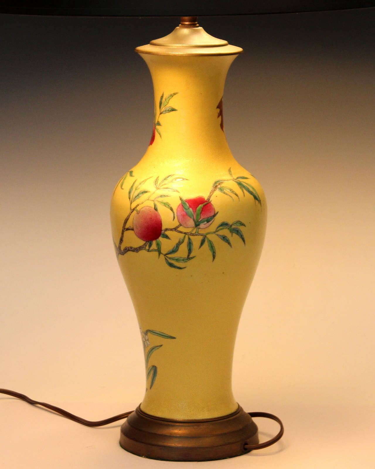 Turned Antique Chinese Porcelain Incised Yellow Ground Peach Vase Lamp