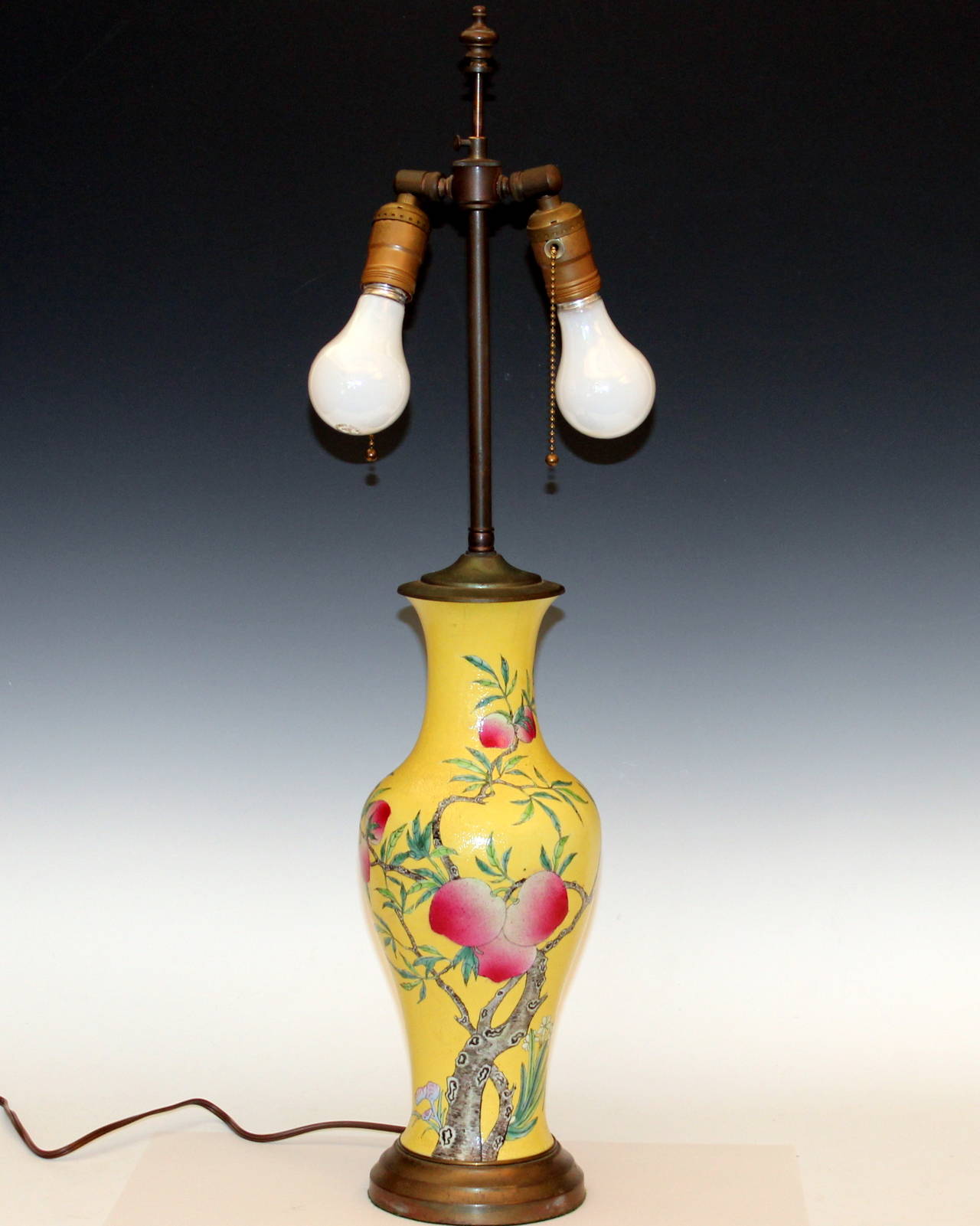 Antique Chinese Porcelain Incised Yellow Ground Peach Vase Lamp In Good Condition In Wilton, CT