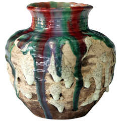 Awaji Pottery Vase with Frothy Polychrome Drip Glaze