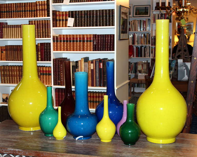 Collection of Kyoto pottery bottle vase in different sizes with bright crackle glazes. Circa 1920.