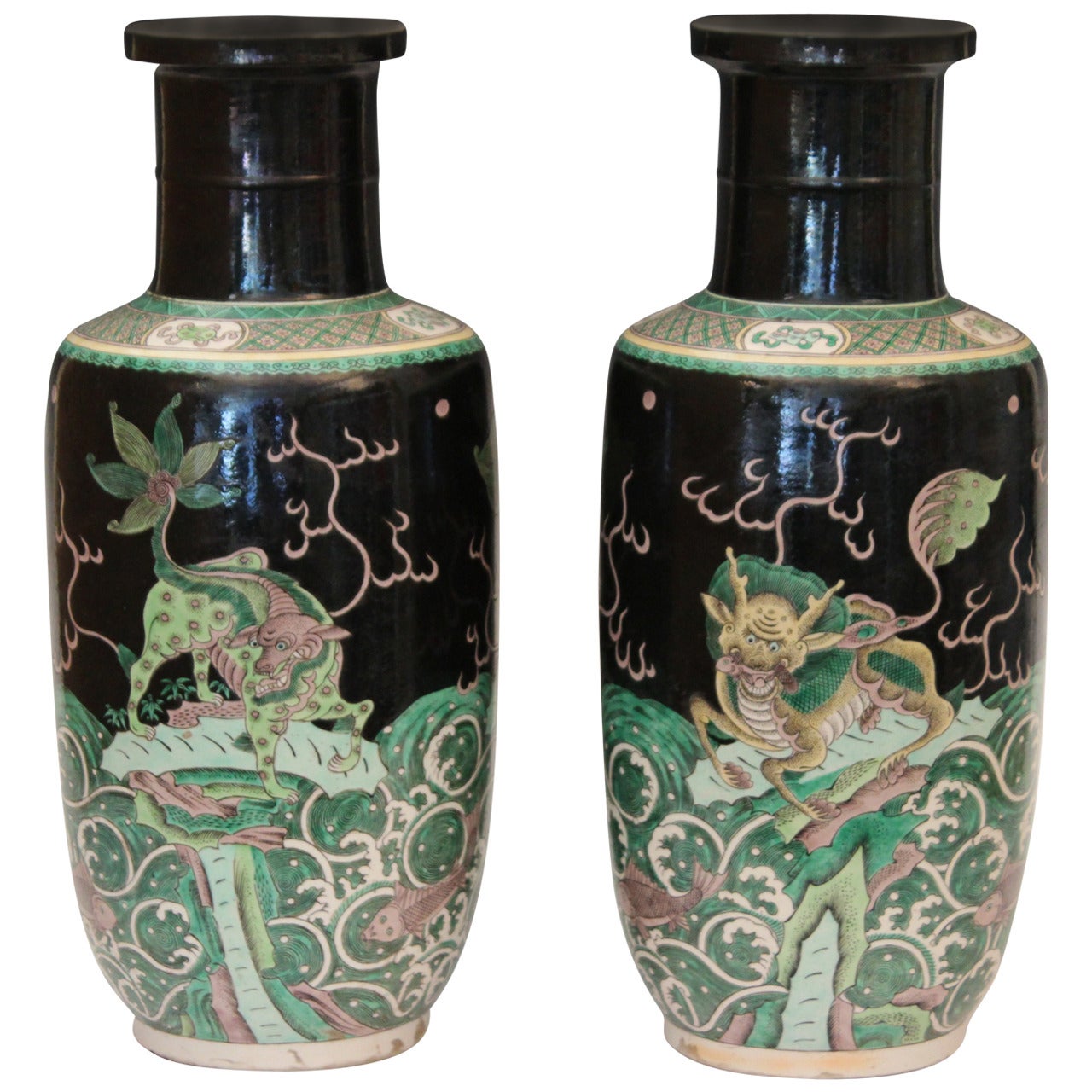 Pair of Old Chinese Porcelain Famille Verte Noire Kangxi Vases