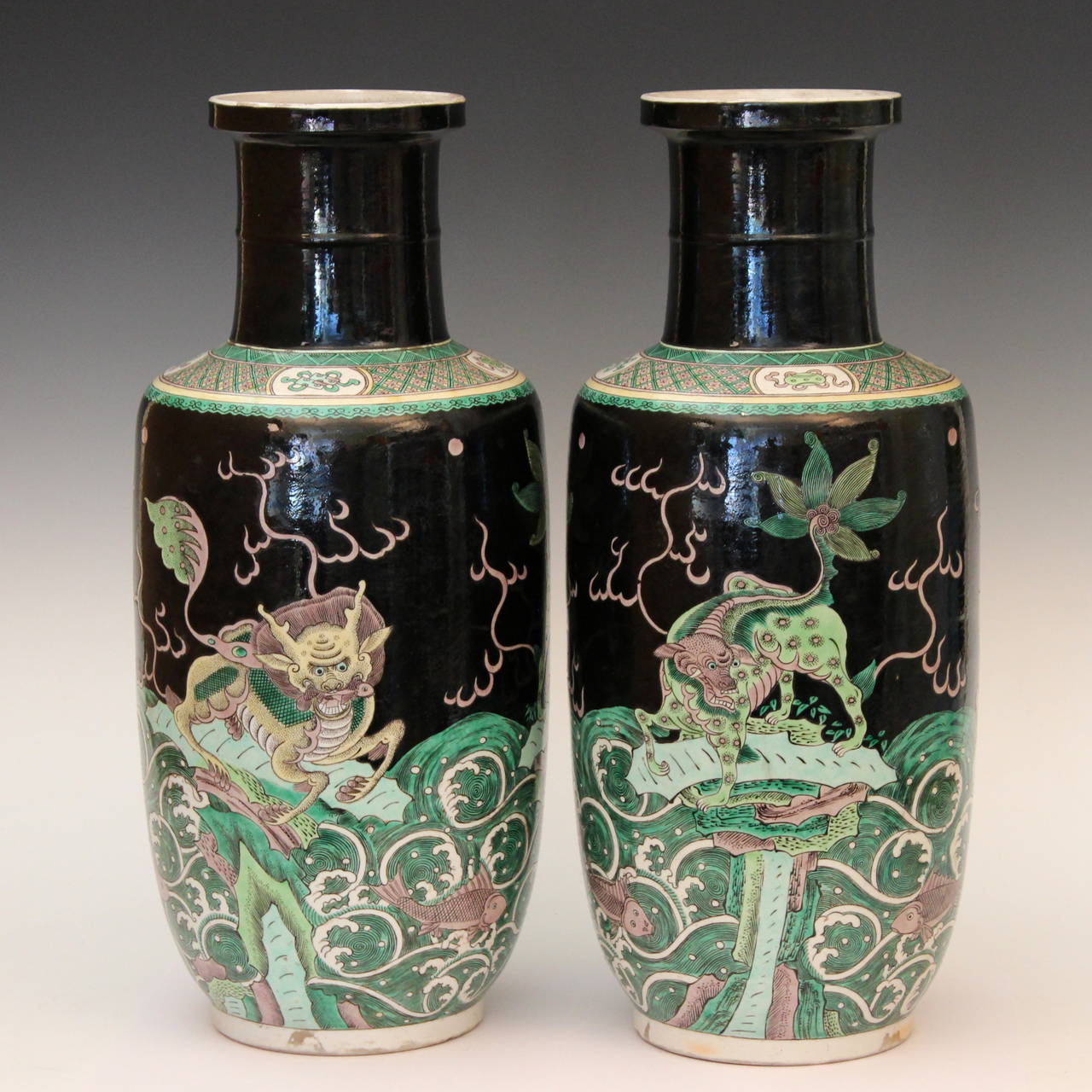 Qing Pair of Old Chinese Porcelain Famille Verte Noire Kangxi Vases