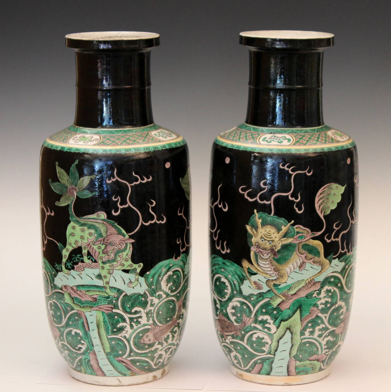 Pair of Old Chinese Porcelain Famille Verte Noire Kangxi Vases 4