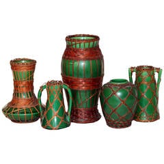 Green Arts & Crafts Awaji Pottery Vases with Bamboo Weaving