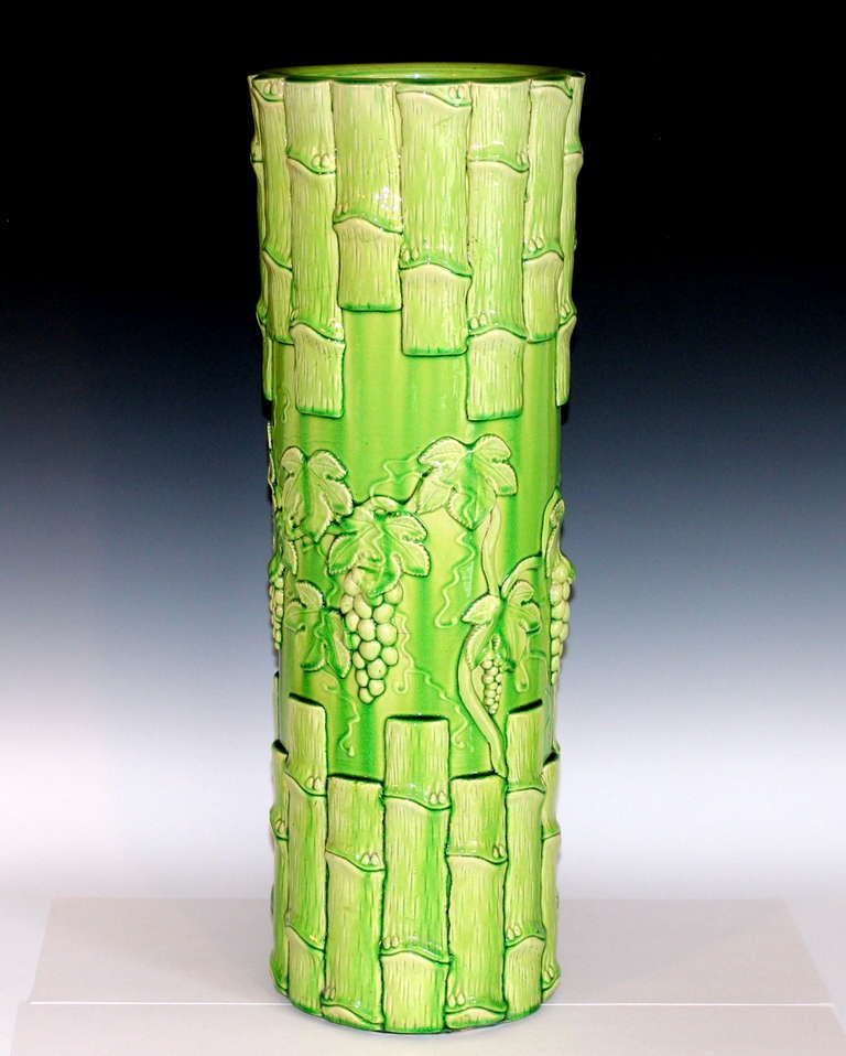 Arts and Crafts Kyoto Pottery Stick Umbrella Stand in Lime Green Glaze