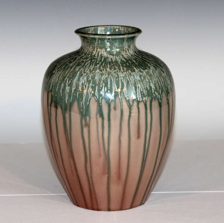 Art Deco Awaji Pottery Vase in Crystalline Drip Glaze For Sale
