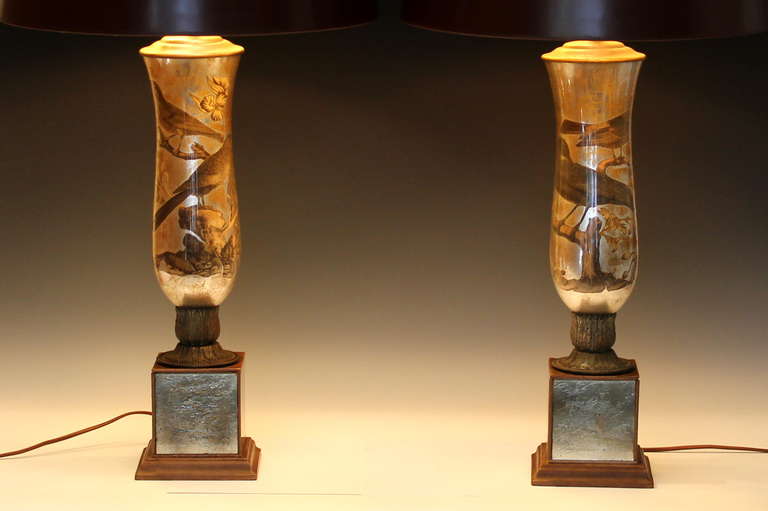 Pair antique decalcomania vases with bird engravings on a silver and gold gilt ground. Mounted on square silvered bases with bronze fittings. 32