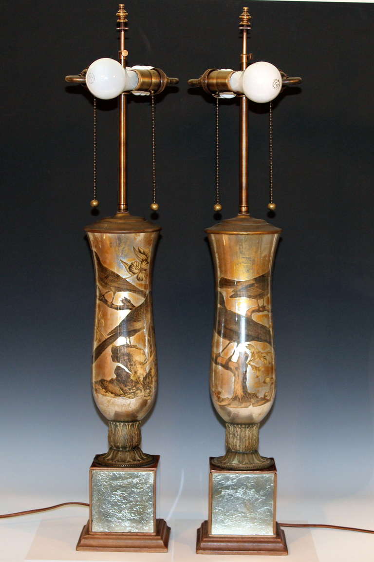 Aesthetic Movement Pair Antique Silver Gilt Decalcomania Lamps