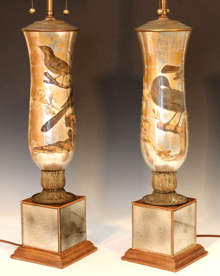 Pair Antique Silver Gilt Decalcomania Lamps In Excellent Condition In Wilton, CT