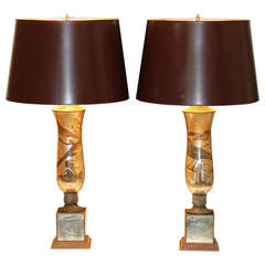 Pair Antique Silver Gilt Decalcomania Lamps