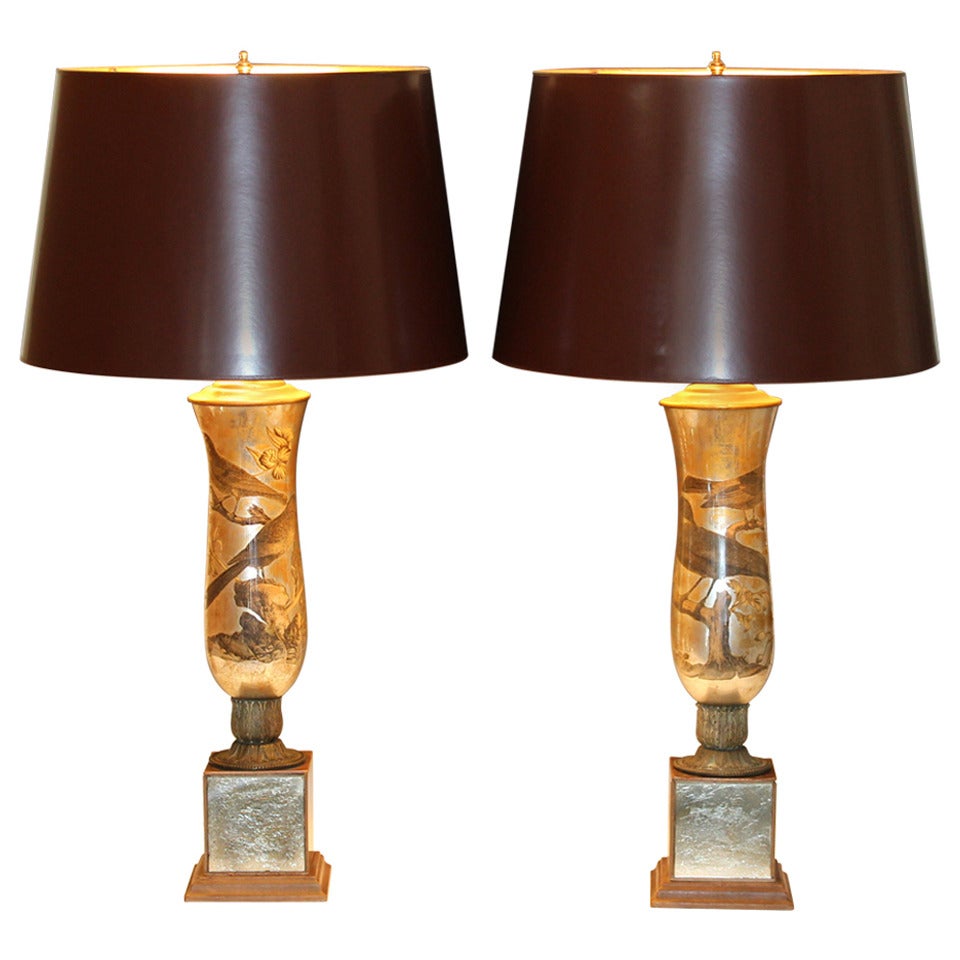 Pair Antique Silver Gilt Decalcomania Lamps