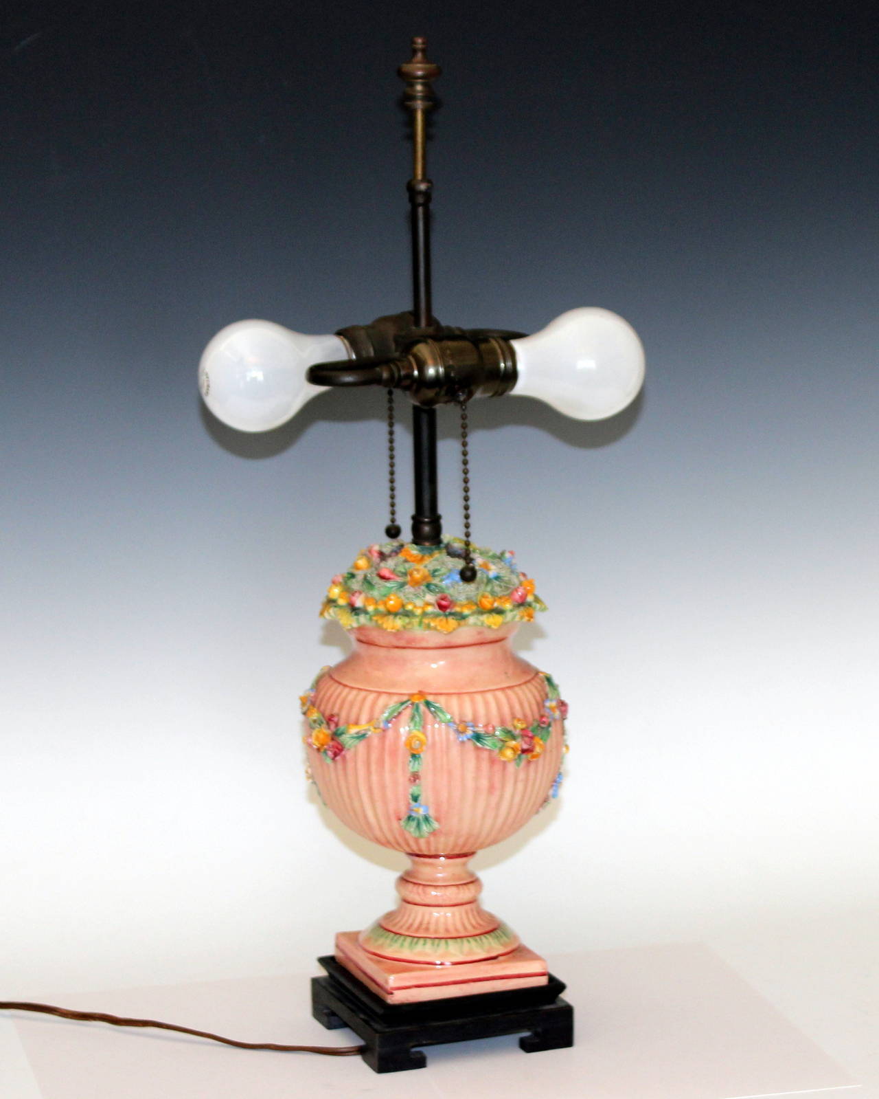 Antique Della Robbia Garland Italian Majolica Pottery Fluted Pink Urn Lamp