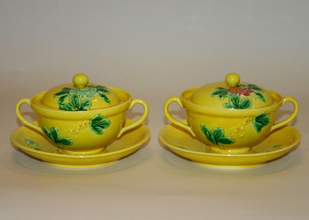 19th Century Pair Awaji Pottery Covered Bowls with Applied Chrysanthamums For Sale